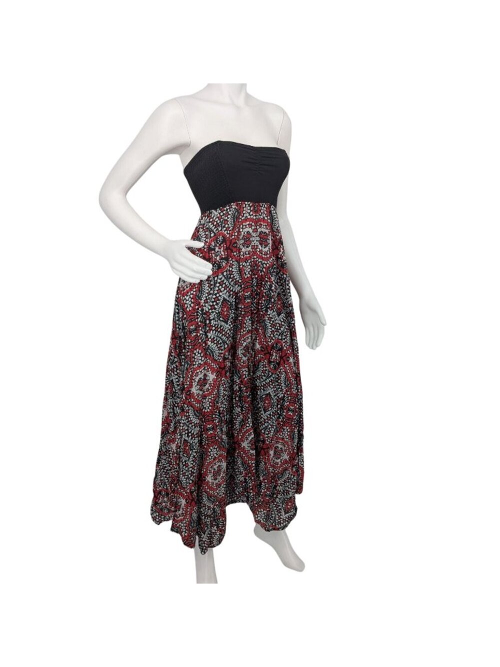 Volcom Strapless Maxi Dress Handkerchief‎ Hem Batik Smocked Boho Festival Small